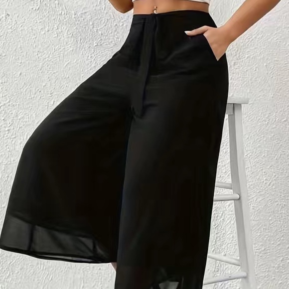 NIP WIDE LEG CAPRI SHEER OVERLAY PALAZZO PANTS BLACK DRESS HOLIDAY SIZE 6 MEDIUM - Picture 3 of 9